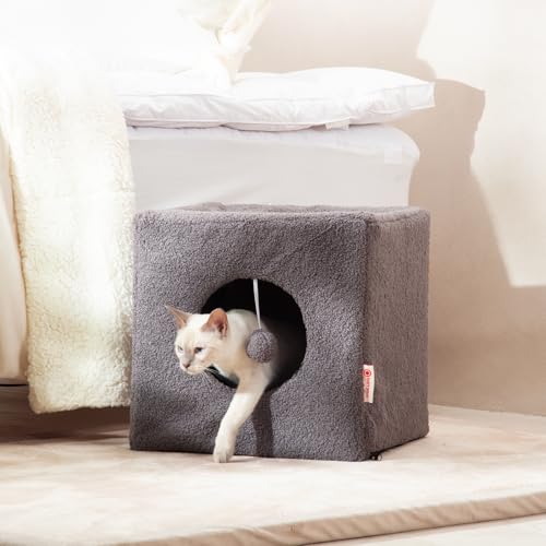 Cat Cubby for Indoor Cats, Fluffy Large Cube Cat Cave Bed, Cat House Hideaway for Multiple Cats & Small Pets, Detachable Sherpa Cover 16 Inches