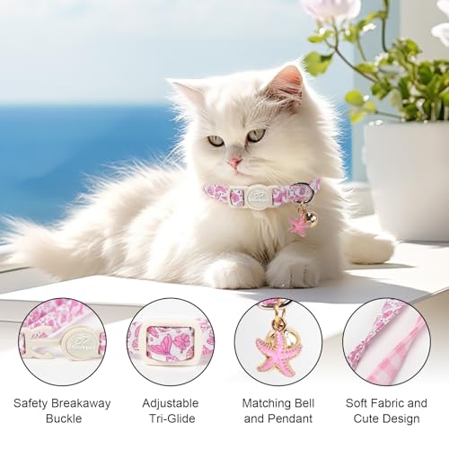 2 Pack Pink Cat Collars - Summer Breakaway Girl Cat Collars, Adjustable Kitten Safety Collar for Small Dogs Puppy, Cute Plaid & Mermaid Pet Collar with Bell & Pendant - color: Pink Plaid&Mermaid