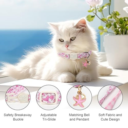 2 Pack Pink Cat Collars - Summer Breakaway Girl Cat Collars, Adjustable Kitten Safety Collar for Small Dogs Puppy, Cute Plaid & Mermaid Pet Collar with Bell & Pendant - color: Pink Plaid&Mermaid
