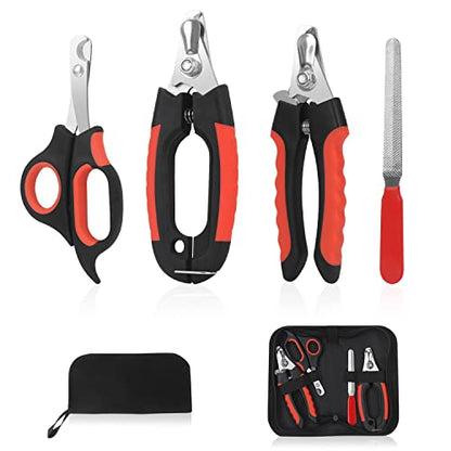 Dog Nail Clippers Trimmer Set, Quick Safety Guard to Avoid Over-Cutting, Stainless Steel Razor Sharp Blades, Sturdy Non-Slip Handles, Storage Case and Nail File, Professional Pet Grooming