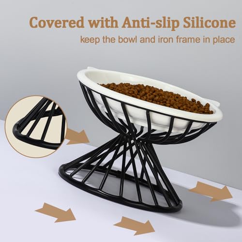 Elevated Cat Bowls,6.3" Wide Raised Ceramic Cat Food Bowl with Anti-Slip Metal Stand for Indoor Cats,Whisker Friendly,Protect Pet's Spine Pet Food Dishes for Flat Faced Cats and Kitten (White) - color: White