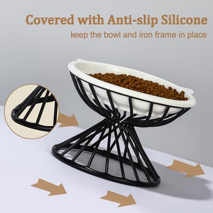 Elevated Cat Bowls,6.3" Wide Raised Ceramic Cat Food Bowl with Anti-Slip Metal Stand for Indoor Cats,Whisker Friendly,Protect Pet's Spine Pet Food Dishes for Flat Faced Cats and Kitten (White) - color: White