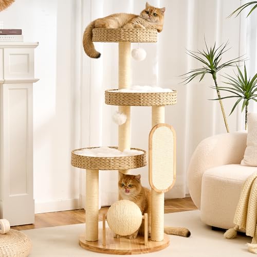 HITTITE Modern Cat Tree Tower with Scratching Post, 47 Inches Tall Cat Towers with Scratching Ball & Pad, Multi-Level Cat Tree with Rattan Bed and Removable Cushions for Indoor Cats Large Adult. - color: Nature, size: 47in