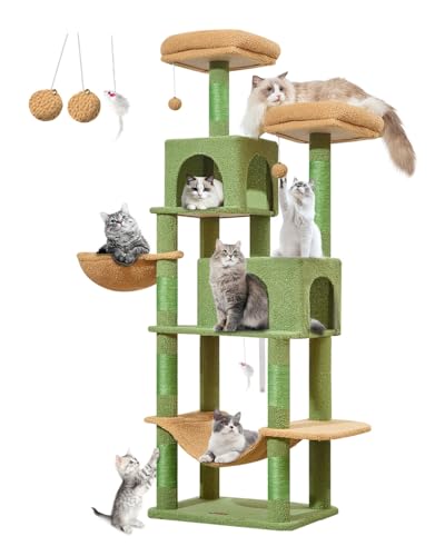 Taoqimiao Cat Tree, 66.2-Inch Cat Tower for Indoor Cats, Plush Multi-Level Cat Condo with 7 Scratching Posts, 2 Perches, 2 Caves, Hammock, 2 Pompoms, MS013T Cactus - color: Cactus, size: 67 inches
