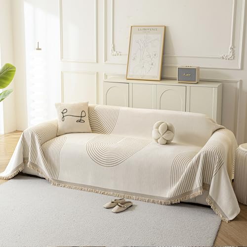 Couch Cover for Dogs, Boho Sofa Covers for 3 Cushion Couch, Chenille Sofa Slipcover for Pets Washable, L-Shape Sectional Couch Loveseat Cover Soft Throw Blankets with Tassels(71x118,Arc Beige) - color: Arc Cream, size: 71*118 inch