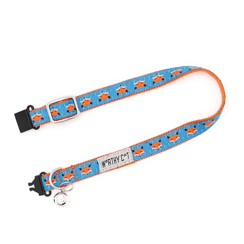 THE WORTHY DOG Foxy Cat Collar with Bell, Adjustable Nylon Safety Collar, Blue/Red, One Size - color: Blue-Foxy