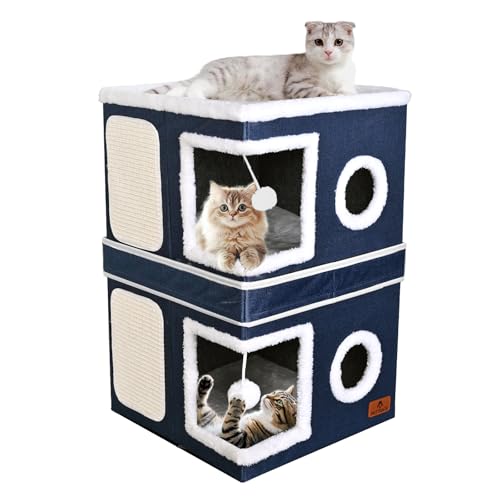 2-Story Cat House for Indoor Cats, Dual-Purpose Cat Cave Bed with Scratch Pad and Fluffy Ball, Foldable Cat Hideaway, Cute Cat Condo Furniture for Multi Small Pet Kitten, Blue - color: Blue, size: Double