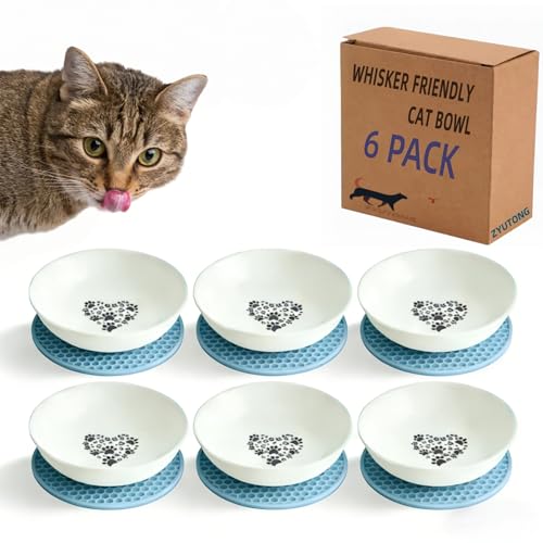 6PCS Whisker Fatigue Ceramic Cat Dishes - 5.5" Shallow Cat Food Bowl, Cute Kitten Plates for Wet Food, Whisker-Friendly, Non-Slip, Wide, White, Heart & Claw Pattern - size: 6 PCS