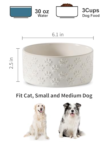 UBEE Ceramic Dog Bowl Set of 2, Dog Food Bowl Dish, Pet Food Water Dish Feeding for Small and Meidum Dogs and Large Cat, White, Paw Pattern, 6.1 in-Medium - size: 6.1 in-Medium