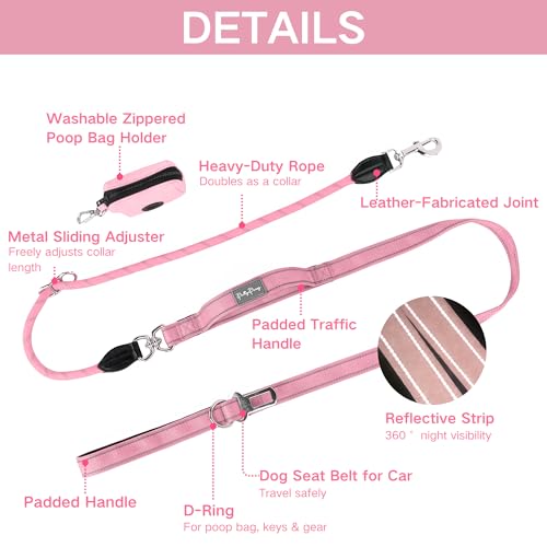 6FT Heavy Duty Dog Leash for Small Medium Large Dogs, Tangle Free Reflective Dog Training Leash with Double Handle, Seat Belt Buckle & Poop Bag Holder (Pink) - color: Pink, size: 6FT