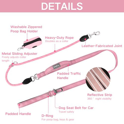 6FT Heavy Duty Dog Leash for Small Medium Large Dogs, Tangle Free Reflective Dog Training Leash with Double Handle, Seat Belt Buckle & Poop Bag Holder (Pink) - color: Pink, size: 6FT