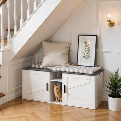 HOOBRO Double Litter Box Enclosure, Modern Cat Litter Box Furniture with Storage and Mat Design, Farmhouse Hidden Litter Box Enclosure with 2 Hooks, White and Charcoal Gray BW23MW01 - color: White + Charcoal Gray