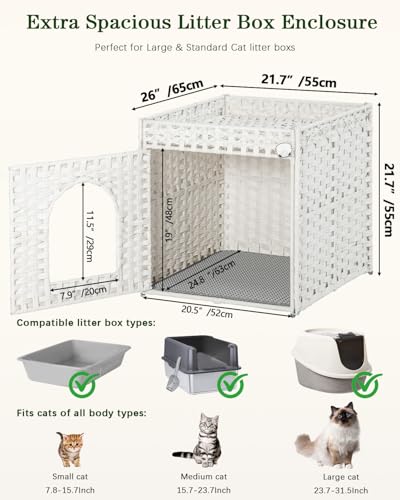 SETVSON Cat Litter Box Enclosure Furniture, Large Hidden Litter Box Furniture, Handwoven Rattan Cat House Cabinet, One Mat, Two S-Shaped Hooks, Living Room, Apartment 21.6 X 26 X 21.6 Inches, White - color: White, size: XL