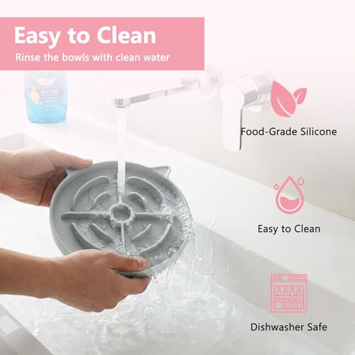 YINEYA 2 Pcs Silicone Slow Feeder Cat Bowl, Cat Slow Feeder for Food Training, Interactive Puzzle Bowls for Puppy, Kitten Dishes to Prevent Overeating, Treat Toys Suitable for Dry and Wet Food - color: Pink & Grey