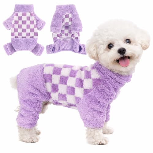 Turtleneck Dog Pajamas for Small Dogs Girl Boy, Warm Soft Stretchy 4 Legged Puppy Onesies, Fleece Winter for Chihuahua Yorkie Teacup Dogs (Purple Square,XS) - color: Purple Plaid, size: X-Small (Chest 13in)