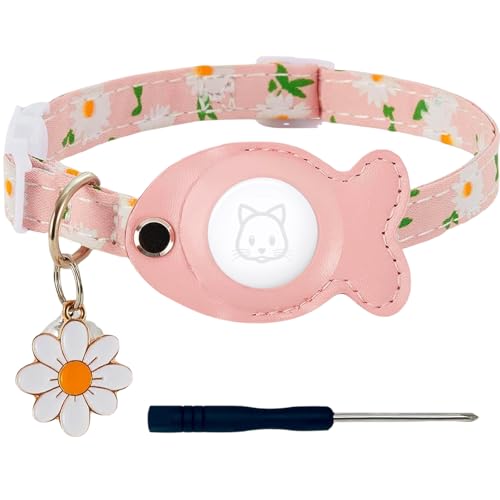 Cat Collar for Airtag, Breakaway GPS Tracker Kitten Collar with Airtag Holder and Bells for Girl Boy Cats Cute Personalized Cat Collar with Fish Adjustable Length (Pink)