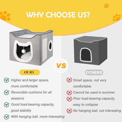 Selecta Grey Indoor Cat House - Foldable, Covered Cat Bed Cave with Fluffy Ball and Scratch Pad
