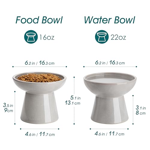 vancasso Ceramic Elevated Cat Bowls 2-Pack - 6.2" Extra Wide Raised Cat Food & Water Dishes, 5.1" Optimal Height Anti-Whisker Fatigue Shallow Bowls for Cats/Kittens/Dogs, Lead & Cadmium Free (Grey) - color: Grey