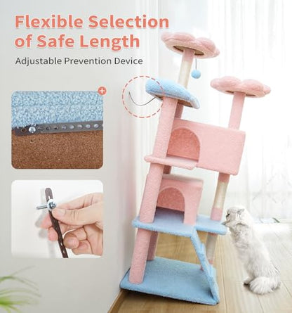 Made4Pets Cat Tree Tower 56" Cat Tower for Indoor Cats Kitten Tree Multi-Level Cat Tree with 2 Condo Furniture Activity Center with Scratching Posts Funny Toys (Pink Flower Blue) - color: Pink Flower Blue