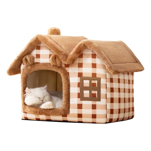 Cute Bear Pet Nest Luxury Double Roof Indoor Dog House Winter Cat Nest Foldable Warm Soft Kennel Cozy Cat House with Removable Cushion Pillow and Non-Slip Bottom - size: L:19.3*15.4*18.1IN