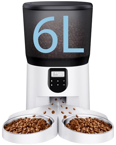 Automatic Cat Feeders for 2Cats, 6L/25cup Automatic Cat Food Dispenser with 2 Stainless Pet Bowls,10s Meal Call Timer Setting 20 Portions 6Meals Per Day, Timed Pet Feeder for Cats Dog Indoor Dry Food - color: White