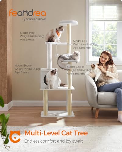 Feandrea Cat Tree, 65-Inch Modern Cat Tower for Indoor Cats, Multi-Level Cat Condo with 5 Scratching Posts, Perch, Washable Removable Cushions, Cat Furniture, Cloud White UPCT166W01 - color: Cloud White