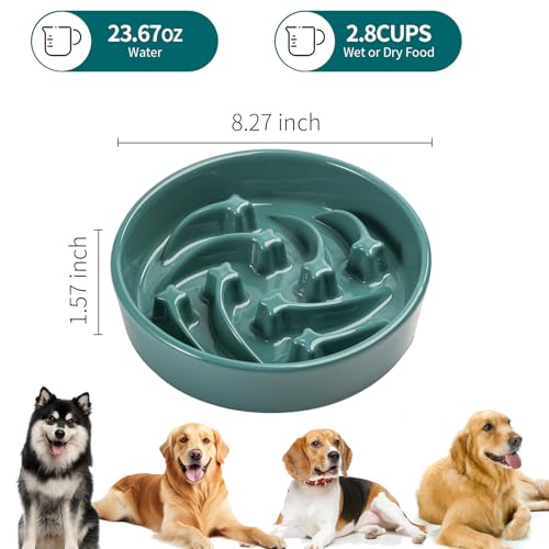 8.26 in Deep Green Ceramic Slow Feeder Dog Bowl for Medium and Large Breed,Pet Feeding Dog Food Water Dish Heavy Weighted,Puppy Bowl for Fast Eaters,Puzzle Slow Eating Dish Modern Maze Meteor - color: Upgraded Deep Green Slow Feeder