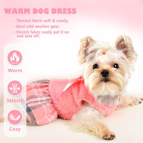 Dog Dress Female Sweater for Small Dogs Girl Winter Flannel Warm Pet Puppy Cat Princess Plaid Dresses Clothes (X-Small, Pink) - color: #1 Pink, size: X-Small (Chest 14.2 in)