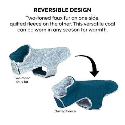 Furhaven Reversible Small Dog Coat, Washable & Insulating w/ Leash Access - Two-Tone Faux Fur & Quilted Fleece Flex-Fit Jacket - Marine Blue, Small - color: Marine Blue, size: SM