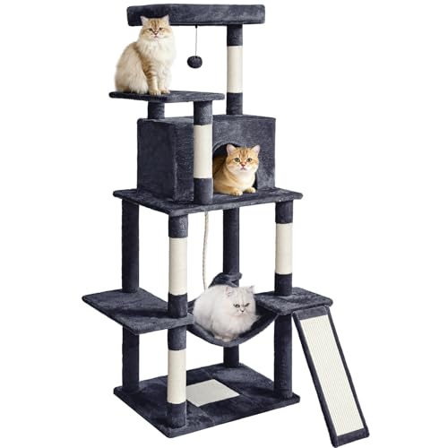 ABCPET Cat Tree Tower 63in Multi-Level Cat Tower for Indoor Cats with Sisal Scratching Posts, Condo, Hammock, Dangling Ball and Extended Platform for Cats to Play, Grey - color: Grey