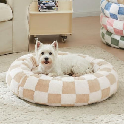 Ohocut Checkered Dog Bed, Cute Beige Khaki Retro Style Aesthetic Round Warming Pet Calming Beds for Small Dog and Cats, Plush Cozy Donut Dog Beds Washable, 30" L x 30" W x 8" Th - color: Beige, size: 30"L x 30"W x 8"Th