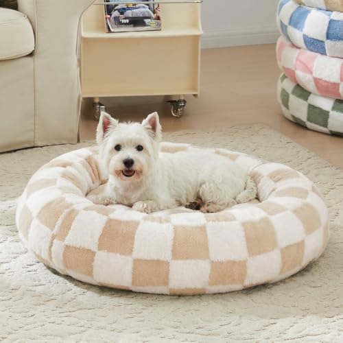 Ohocut Checkered Dog Bed, Cute Beige Khaki Retro Style Aesthetic Round Warming Pet Calming Beds for Small Dog and Cats, Plush Cozy Donut Dog Beds Washable, 30" L x 30" W x 8" Th - color: Beige, size: 30"L x 30"W x 8"Th