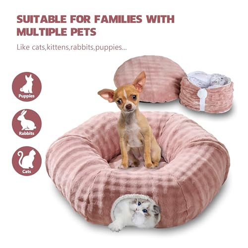 Bubble Cat Tunnel for Indoor Cats, Round Peekaboo Cave Toy with Dangling Balls, Donut Tunnel Bed with Circle Mat for Puppy Kitten Rabbit, Dusty Pink - color: Dusty Pink