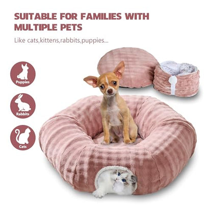 Bubble Cat Tunnel for Indoor Cats, Round Peekaboo Cave Toy with Dangling Balls, Donut Tunnel Bed with Circle Mat for Puppy Kitten Rabbit, Dusty Pink - color: Dusty Pink