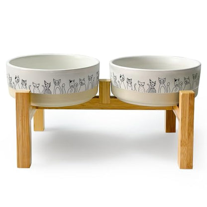 Elevated Ceramic Cat Bowls with Wooden Stand，6.1inch Raised Cat Bowls with Cute Pattern for Small and Medium Breed Dogs,2 Pack Cats Food and Water Bowl Set,Weighted Pet Dishes Dishwasher Safe - size: 2 pack bowl with stand