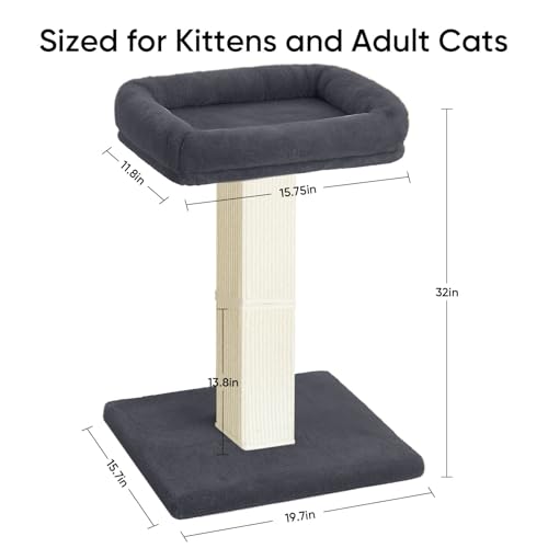 Cat Scratching Post, 32”Cat Scratcher with Large Plush Perch, Sisal & Carpet Scratching Post, Vertical Posts with Elevated Bed for Indoor Cats, Removable& Washable Cover, Dark Grey - color: Dark Grey with Bed