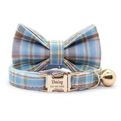 Personalized Plaid Cat Collar with Bell - Non-Breakaway Custom Polyester Kitten Collar with Engraved Name & Phone Number (Pattern 04, L (7.5-12.5 Inches)) - color: Pattern 04, size: L (7.5-12.5 Inches)
