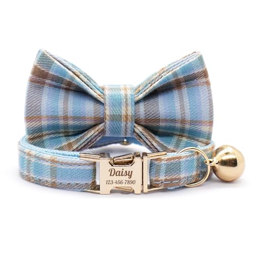 Personalized Plaid Cat Collar with Bell - Non-Breakaway Custom Polyester Kitten Collar with Engraved Name & Phone Number (Pattern 04, S (6.5-10.5 Inches)) - color: Pattern 04, size: S (6.5-10.5 Inches)