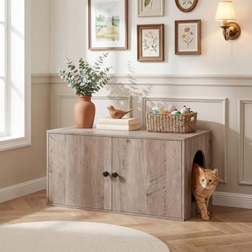HOOBRO Cat Litter Box Enclosure, Hidden Litter Box Furniture with Side Entry, Litter Box Cabinet, Indoor Cat House, End Side Table, 31.5"L x 17.7"W x 16.3"H, for Living Room, Bathroom, Greige BG40MW01 - color: Greige