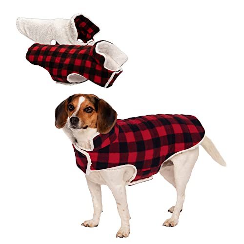 Furhaven Reversible Small Dog Coat, Washable & Insulating w/ Leash Access - Sherpa & Plaid Fleece Flex-Fit Jacket - Cream/Red, Small - color: Cream/Red Plaid, size: SM