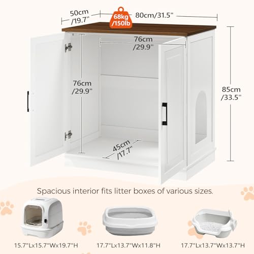 MAHANCRIS Large Cat Litter Box Enclosure, 33.5" Tall Hidden Litter Box Furniture for Small Self Cleaning Litter Box, Farmhouse Wooden Litter Box Cabinet, Cats House, Side Table, White and Walnut