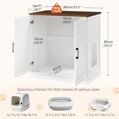 MAHANCRIS Large Cat Litter Box Enclosure, 33.5" Tall Hidden Litter Box Furniture for Small Self Cleaning Litter Box, Farmhouse Wooden Litter Box Cabinet, Cats House, Side Table, White and Walnut