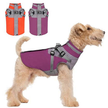 Cozy Dog Jacket, Padded Fleece Dog Vest with Built-in Harness, 100% Waterproof Reflective Snow Pet Coat Clothes with Zipper, Purple, L - color: Purple, size: Large