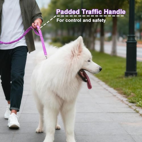 5FT Bungee Dog Leash with 2 Handles, Reflective Strong Nylon Traffic Leash with Shock Absorbing for Large Medium Dogs Walking Training Controlling, Purple - color: Purple