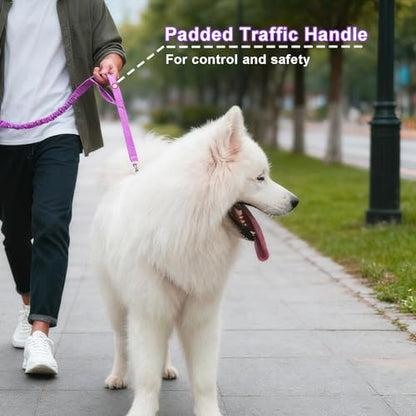 5FT Bungee Dog Leash with 2 Handles, Reflective Strong Nylon Traffic Leash with Shock Absorbing for Large Medium Dogs Walking Training Controlling, Purple - color: Purple