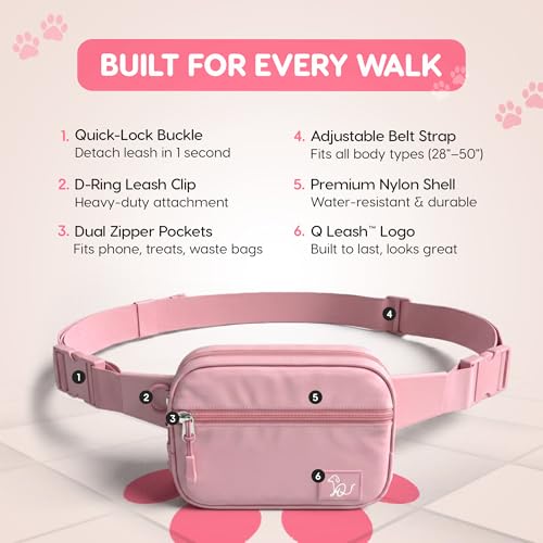 Hands Free Dog Leash with Zipper Storage Pouch - Waist Belt Bungee Running, Walking & Hiking Leash - Padded Handle - Seat Belt Attachment - Reflective No Pull Control for Medium Large Dogs 10-120 lbs - color: Queens Pink
