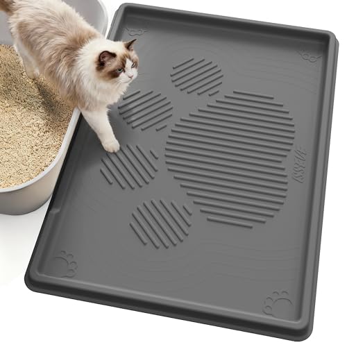 ISSEVE Cat Litter Mat 40" x 28" XL, Extra Large Silicone Mat for Litter Box, 1.38" Raised Edge Urine Proof Litter Trapping Mat Pad for Scatter Control, Soft on Kitty Paws, Protect Floor (Dark Grey) - color: Dark Grey