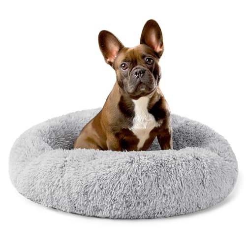 PetAmi Calming Dog Bed for Small & Medium Dogs and Cats, 23 Round Donut Dog Bed, Washable Fluffy Faux Fur Puppy & Cat Bed, Anti-Anxiety Plush Cuddler Pet Bed with Anti-Slip Bottom - Light Gray - color: Light Gray, size: Small - 23"