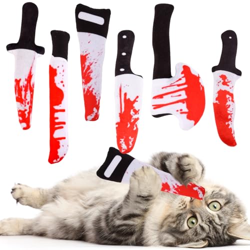 FOIMAS 6pcs Catnip Toys,Knife Shaped Catnip Toys Horror Teething Chew Plush Toys for Cat Kitten Teeth Cleaning Inreractive Toys Indoor Outdoor Halloween Christmas - color: red & white