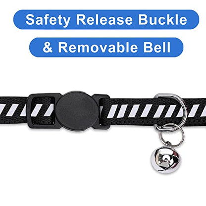 Pawtitas Personalized Black Reflective Cat Collar – Adjustable Custom Collar with Safety Buckle, Removable Bell, and Engraved Name & Phone Number for Kittens and Adult Cats - color: Personalized Black